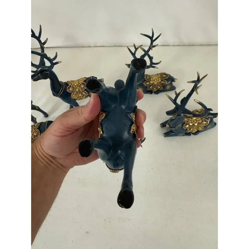 Set of 6 Decorative Deer Figurines Navy Blue Gold Accents Christmas Home Decor
